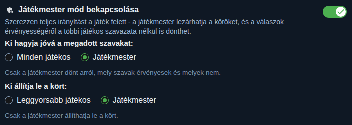 Beállítás: a játék házigazdai módja