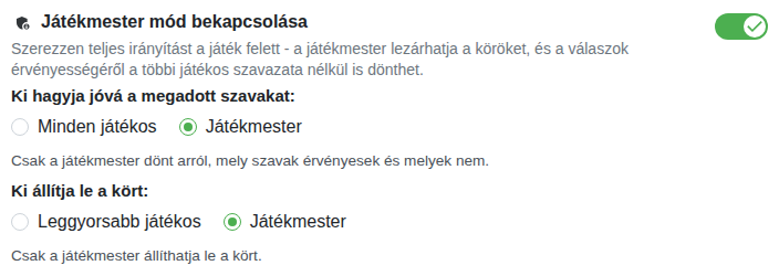 Beállítás: a játék házigazdai módja
