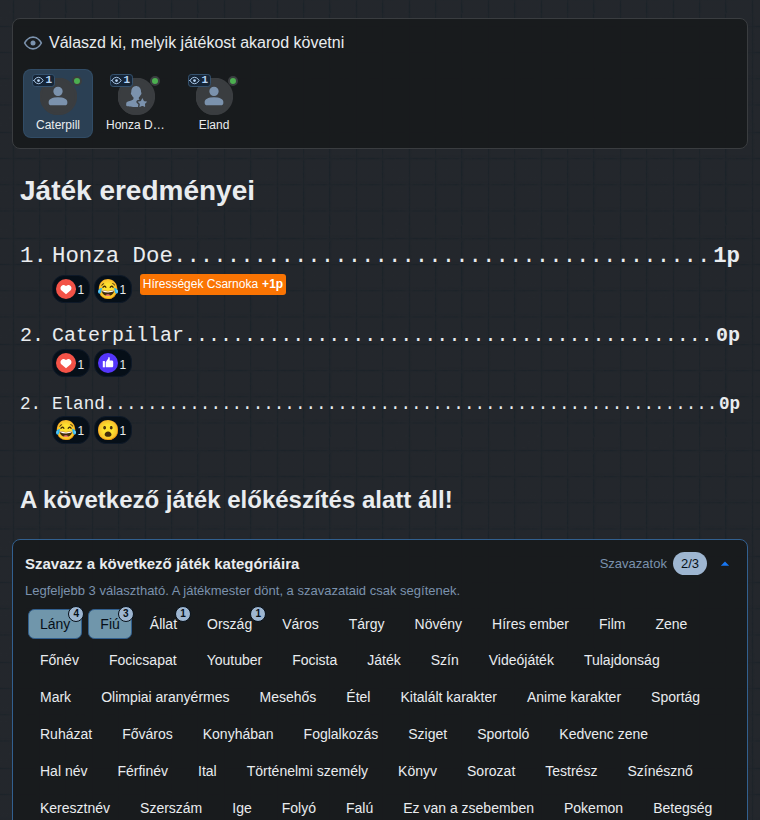 A játék vége a néző szemével: eredmények és a következő játék kategóriáinak szavazása