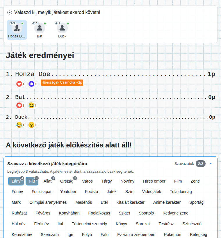 A játék vége a néző szemével: eredmények és a következő játék kategóriáinak szavazása