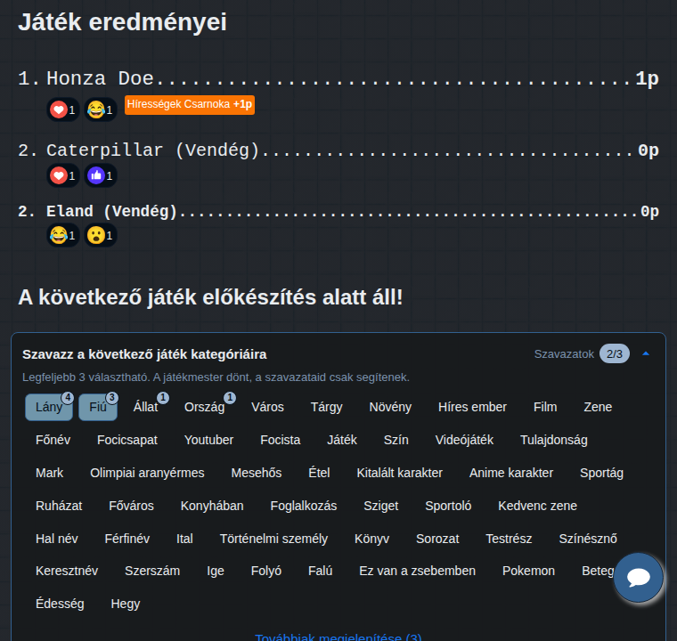 A játék eredményei
