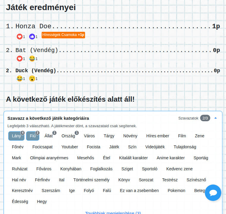 A játék eredményei