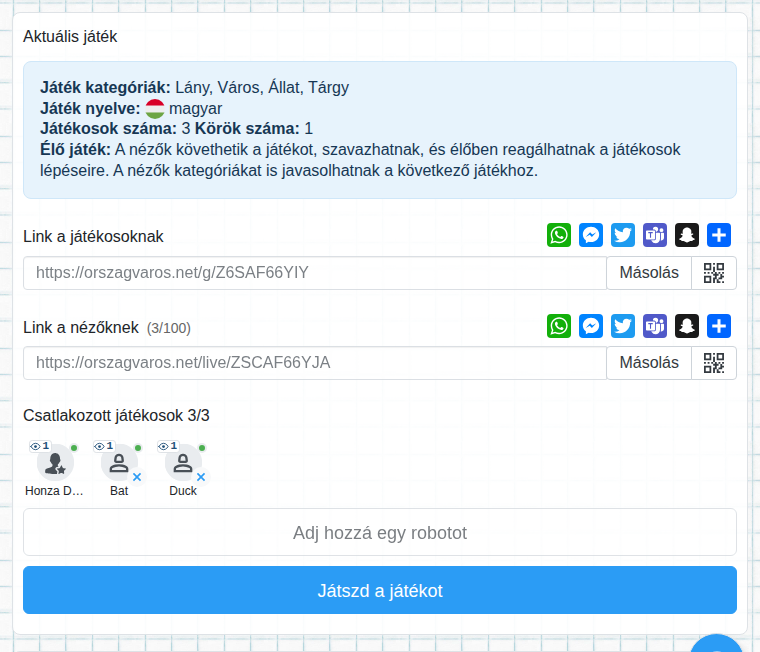 Váróterem a közönségnek szóló linkkel