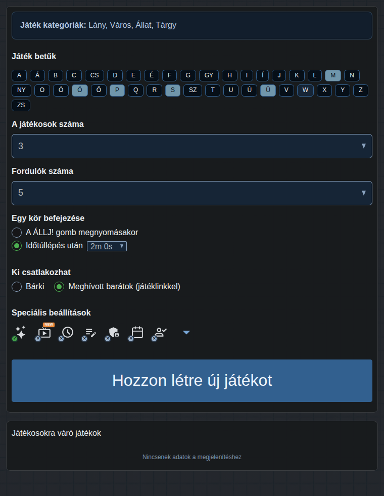 A játék létrehozásának űrlapja
