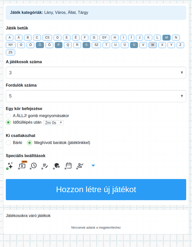 A játék létrehozásának űrlapja